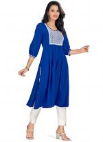 Rayon Blue Daily Wear Embroidery Work Readymade Kurti With Bottom